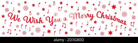 We wish you a merry Christmas, banner with red letters, stars, notes and snowflakes isolated on white background Stock Vector