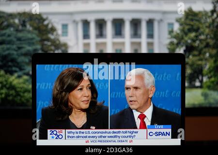 (201008) -- WASHINGTON, Oct. 8, 2020 (Xinhua) -- Photo taken in Arlington, Virginia, the United States, on Oct. 7, 2020 shows C-SPAN live stream of U.S. Vice President Mike Pence (R) and Democratic vice presidential nominee Kamala Harris participating in their debate in the 2020 race. Pence and Harris took the stage in their sole debate for the 2020 race in Salt Lake City, Utah, on Wednesday night. (Xinhua/Liu Jie)