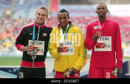 Nick Symmonds of USA , Mohammed Aman of Ethiopie and Ayanleh Souleiman of Djibouti Podium 800 M Men During the Championnat du Monde Athlétisme 2013, on August 12 2013 in Moscou - Photo Laurent Lairys / DPPI Stock Photo