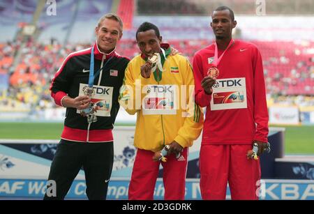 Nick Symmonds of USA , Mohammed Aman of Ethiopie and Ayanleh Souleiman of Djibouti Podium 800 M Men During the Championnat du Monde Athlétisme 2013, on August 12 2013 in Moscou - Photo Laurent Lairys / DPPI Stock Photo