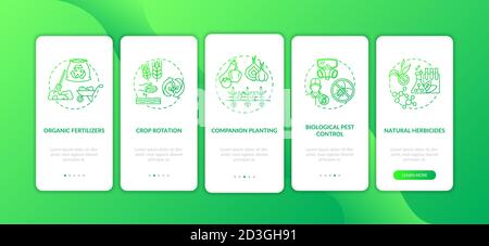 Organic farming principles onboarding mobile app page screen with concepts Stock Vector