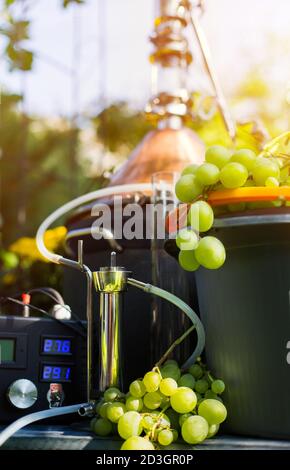 homemade moonshine winemaking; white grape and moonshine still for home brandy production Stock Photo