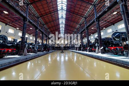 PORTICI, ITALY - 2020 - Interior of Pietrarsa Railway National Museum,  important centres for the conservation and restoration of the first steam loco Stock Photo