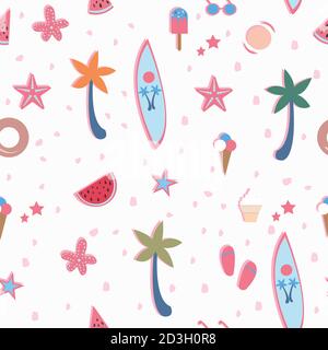 Summer Seamless Pattern. Stylized Summer Elements with shadows. Vector Illustration Stock Vector