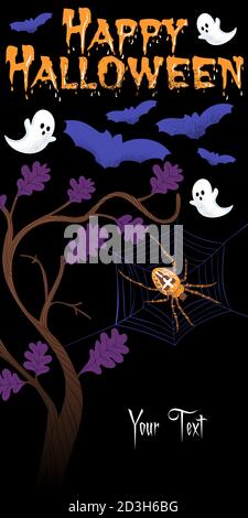 Vertical Happy Halloween Composition with spooky bats, ghost, spider and spider net in a mystical forest before a black background for vertical Stock Vector