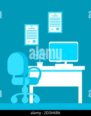 Workplace for a doctor. Chair, table, computer and diplomas on the wall. Vector flat illustration. Stock Vector