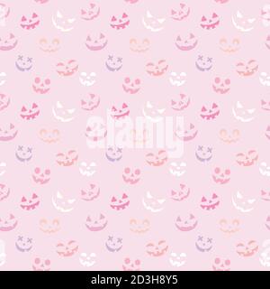 Pink Halloween repeat pattern vector design with pumpkin faces. Stock Vector
