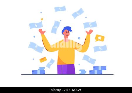 Joyful businessman on rain from banknotes in flat style. Stock Vector
