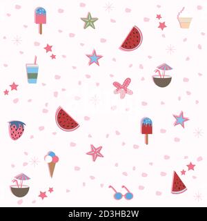 Summer Seamless Pattern. Stylized Summer Elements with shadows. Vector Illustration Stock Vector