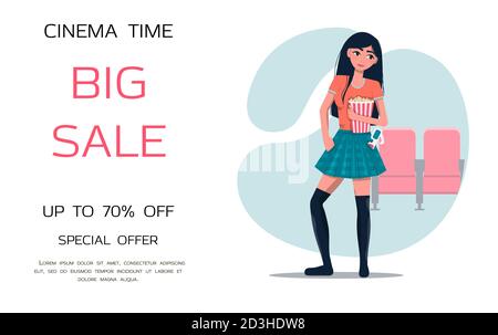 A girl in a movie theater with popcorn and stereo glasses. Young beautiful girl with long dark hair in a stylish plaid skirt on the background of movie chairs. Oriental girl. Flat isolated drawing for a website, app, entertainment advertising, movie theater, and movies. Ticket sales, black Friday, new year s discounts. Stock Vector