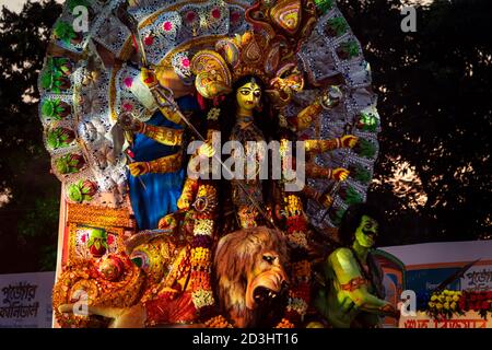 Kolkata, West Bengal, India, October, 2019 : Durga Puja Background. Indian Hindu goddess maa Durga pooja festival celebration. Bengali traditional rel Stock Photo