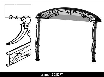SKETCH of forged metal elements with antique ornaments. Artistic forging forged stair railing visor Stock Vector