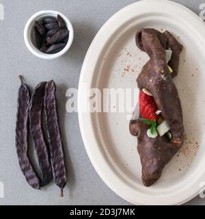 dessert creative concept, flat lay overhead, minimalist food photography composition above view, still life. Stock Photo