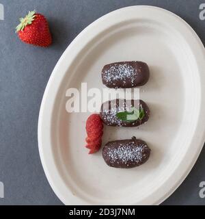 dessert creative concept, flat lay overhead, minimalist food photography composition above view, still life. Stock Photo