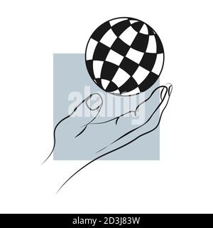 Hand of a man holding the globe with meridians in colors of chess desk as a concept of worldeide games. Stock Vector