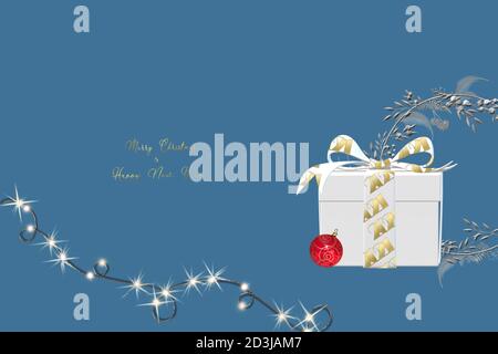 Christmas New Year 2021 background with realistic gift box with bow lettering 2021, lights, silver wreath, bauble on blue background in 3D render. Gold text Merry Christmas Happy New Year Stock Photo