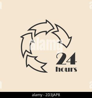 24 hours icon, outline arrows. Full support time concept. Flat line design Stock Vector
