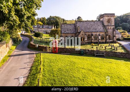 Evening light on St Barnabas church in the Cotswold village of Snowshill, Gloucestershire UK