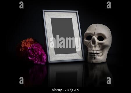 Photo frame with death decorations isolated on a black background Stock  Photo - Alamy