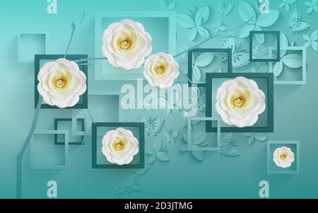 3d wallpaper with whitest flower and aqua color beautyful background Stock Photo