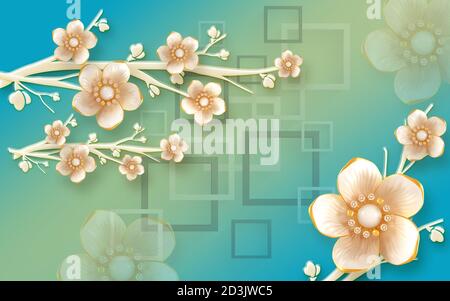 3d wallpaper with whitest flower and aqua color beautyful background Stock Photo