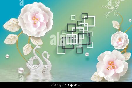 3d wallpaper with whitest flower and aqua color beautyful background Stock Photo