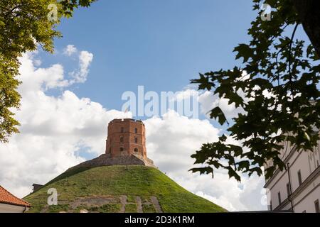 A view of the Gedinimas tower in 2020. A red tower on the hill. Stock Photo