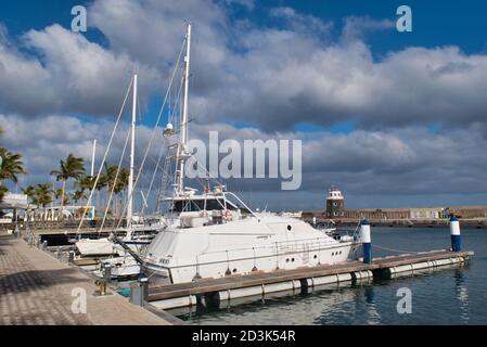 Lanzarote / Spain - April 30, 2020: Boats in Puerto Calero on the island of Lanzarote, Canary Islands, Spain Stock Photo