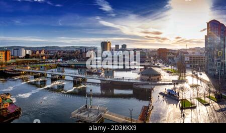 River Lagan Belfast looking South towards Waterfront Hall and Lanyon Place Stock Photo