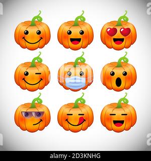 Set of positive pumpkin emoticons. Bright characters, 3D orange and yellow faces. Decorative web icons. Isolated abstract graphic design template. Stock Vector