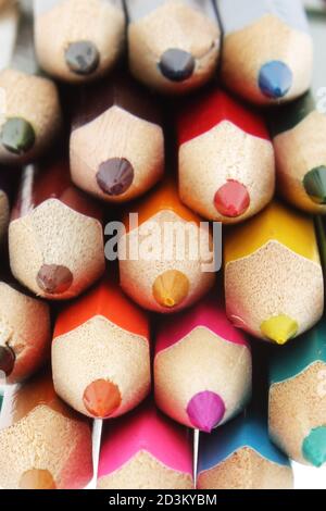 Multi colored pencils close up with differential focus Stock Photo
