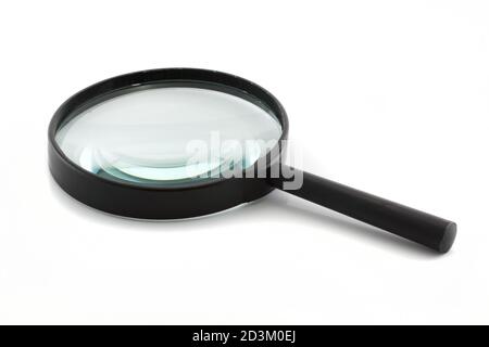 Magnifying glass isolated on white with blue lens refraction Stock Photo