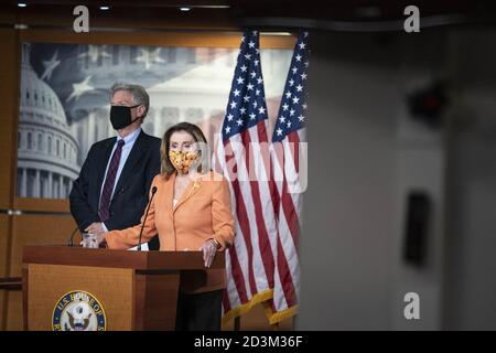 Washington, United States. 08th Oct, 2020. Speaker of the House Nancy Pelosi (D-CA) delivers her weekly news conference on Capitol Hill in Washington, DC, U.S., on Thursday, Oct. 8, 2020. Speaker Pelosi addressed the coronavirus stimulus negations. Photo by Sarah Silbiger/UPI Credit: UPI/Alamy Live News Stock Photo