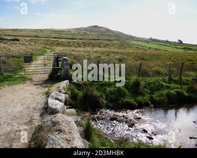 Crossing the De Lank River between Roughtor and Brown Willy on Bodmin Moor, Cornwall. Stock Photo