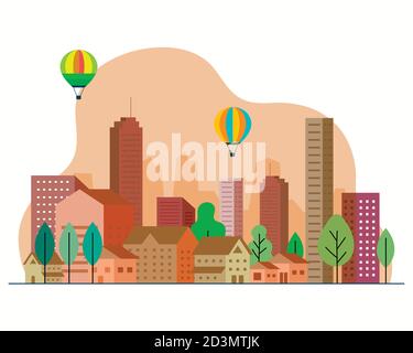 City landscape with buildings houses hot air balloons trees sun and ...