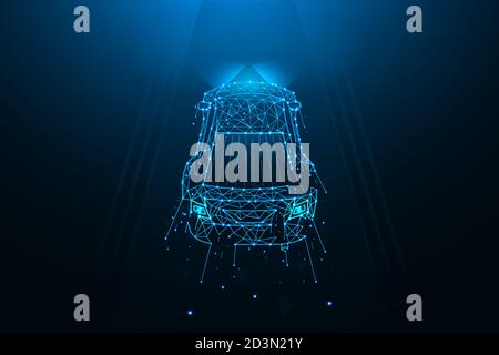 Car driving on the road polygonal vector illustration. A car made of lines and dots on a dark blue background Stock Vector