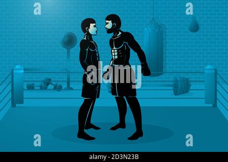 Two boxers are standing in the ring. Big fighter threatens little guy vector illustration Stock Vector