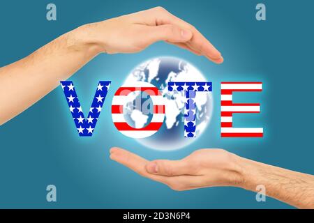 Open hand on white background, word vote Stock Photo