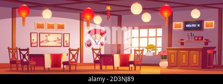 Chinese restaurant interior, empty cafe in traditional asian style with red and gold decor, lanterns, sakura pictures, cashier desk, cafeteria with wooden tables and chairs Cartoon vector illustration Stock Vector