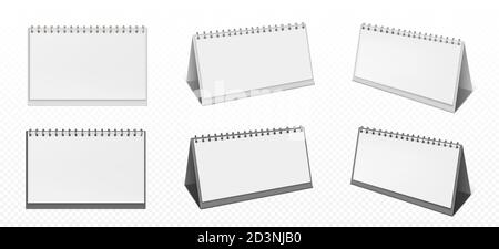 Desktop calendar with spiral and blank pages isolated on transparent background. Vector realistic mockup of white paper calender, office planner or notepad standing on table Stock Vector