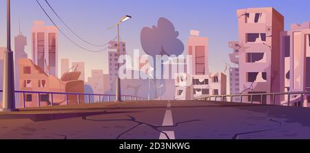 City destroy in war zone, abandoned buildings and bridge with smoke. Cataclysm destruction, natural disaster or post-apocalyptic world ruins with broken road and street, cartoon vector illustration Stock Vector