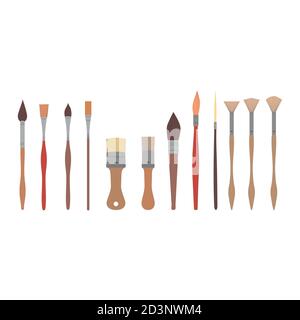 Drawing tools, set paint brushes in row on white isolated background. Artist painting materials. Stock Vector