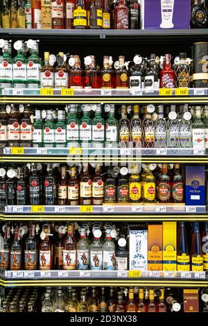 A selection of spirits, alcohol on a supermarket shelf Stock Photo