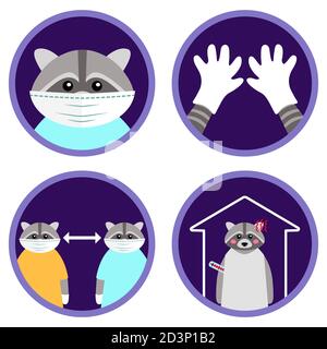 Prevent Coronavirus spread - quarantine tips illustrated by cartoon raccoon. Flat vector icons set - wear a mask and gloves, keep distance, stay home Stock Vector