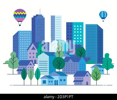 City landscape with buildings houses hot air balloons trees sun and ...