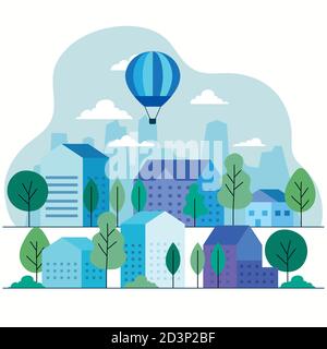 City houses with hot air balloons trees and clouds vector design Stock ...