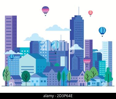 City landscape with buildings houses hot air balloons trees sun and ...