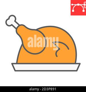 Roast turkey color line icon, thanksgiving and dinner, roasted chicken sign vector graphics, editable stroke filled outline icon, eps 10. Stock Vector
