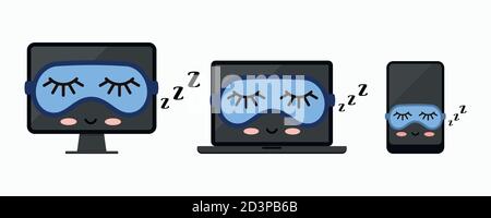 Sleeping off computer desktop, laptop, tablet pc or smartphone icon set isolated on white background. Stock Vector