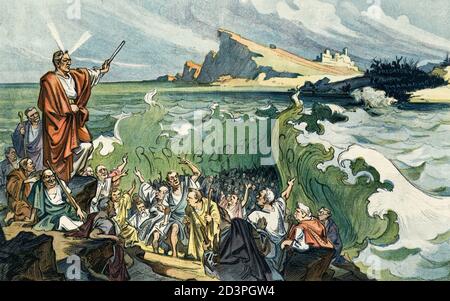 And the waters were divided - Illustration shows Woodrow Wilson, as Moses, standing on a rock with left arm raised, at the parting of the seas labeled Republican Split through which a horde of Democrats labeled Marshall, M'Combs, Bryan, Kern, Williams, O'Gorman, Harmon, Mack, Gore, Underwood, Clark, Watterson, and Harvey escape the Predatory Pharaohs caught on the far shore as the sea closes between them. Political Cartoon, 1912 Stock Photo